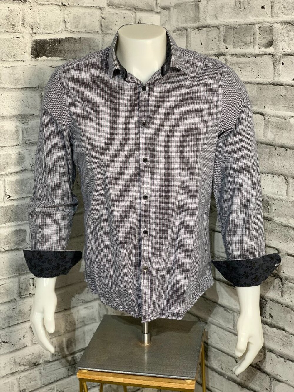 English Laundry Shirt Mens L Blue Micro Check Flip Cuff Casual Button Up Preppy